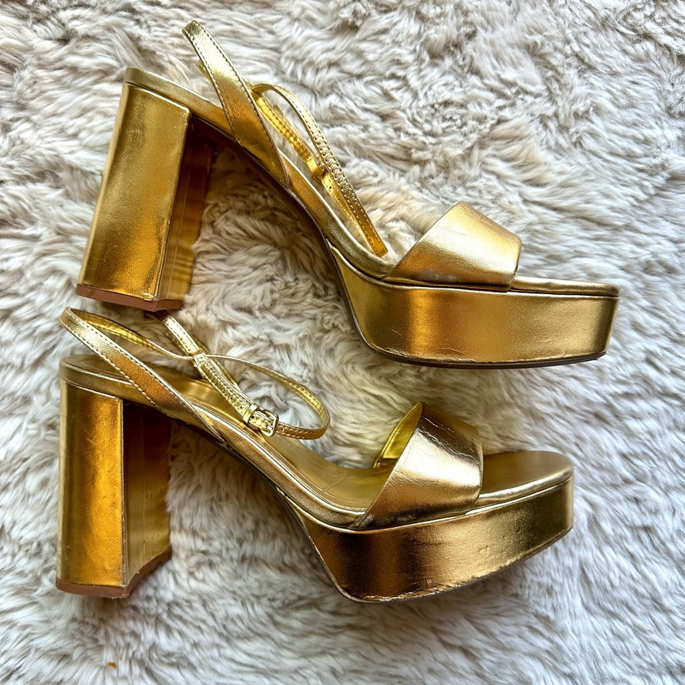 ZARA Gold Platform Sandals Leather Golden Reflective Geometric Thick Wide Heel
